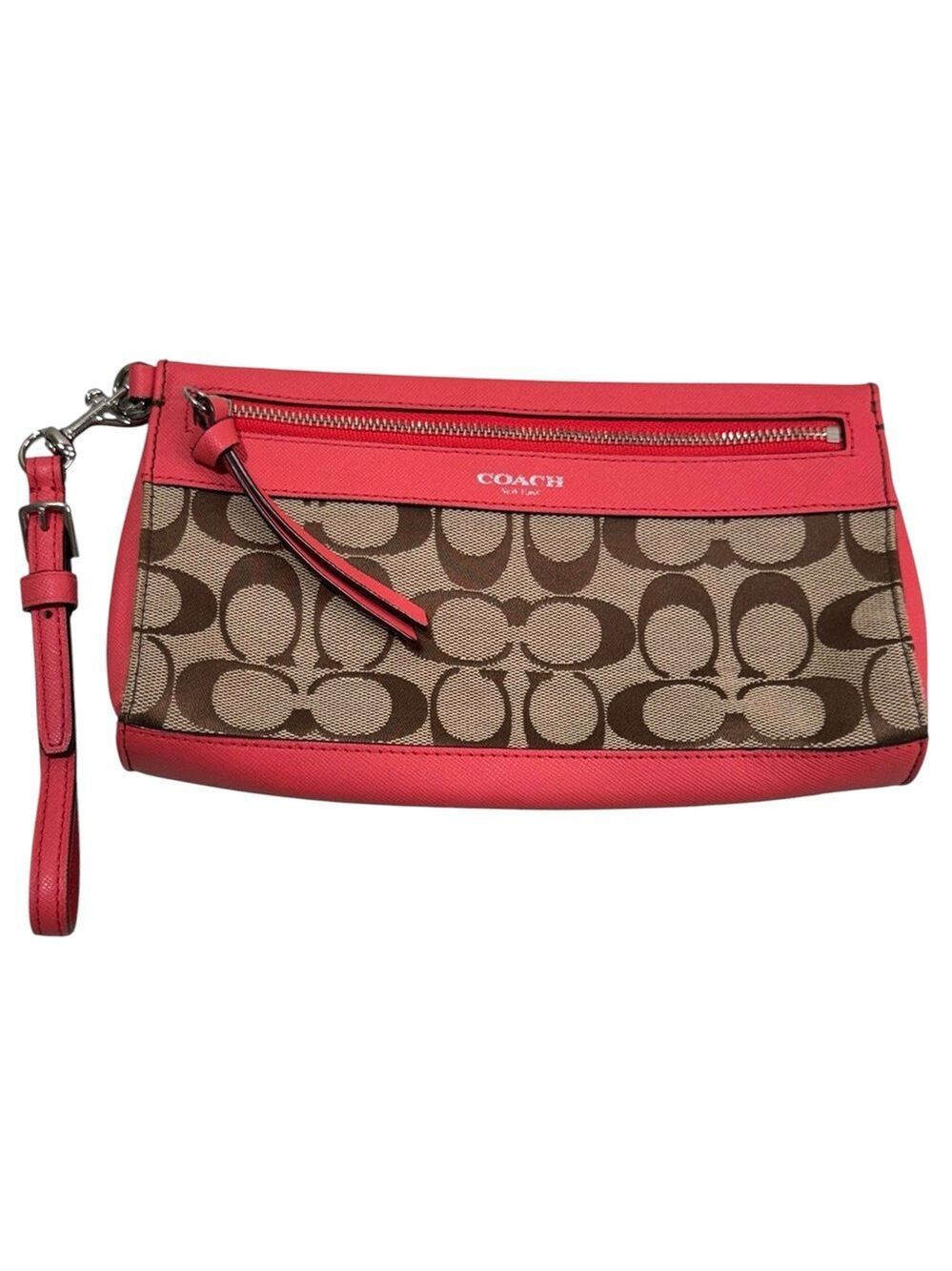Vintage Coach Signature Brown Canvas Coral Pink Saffiano Leather Wristlet Wallet